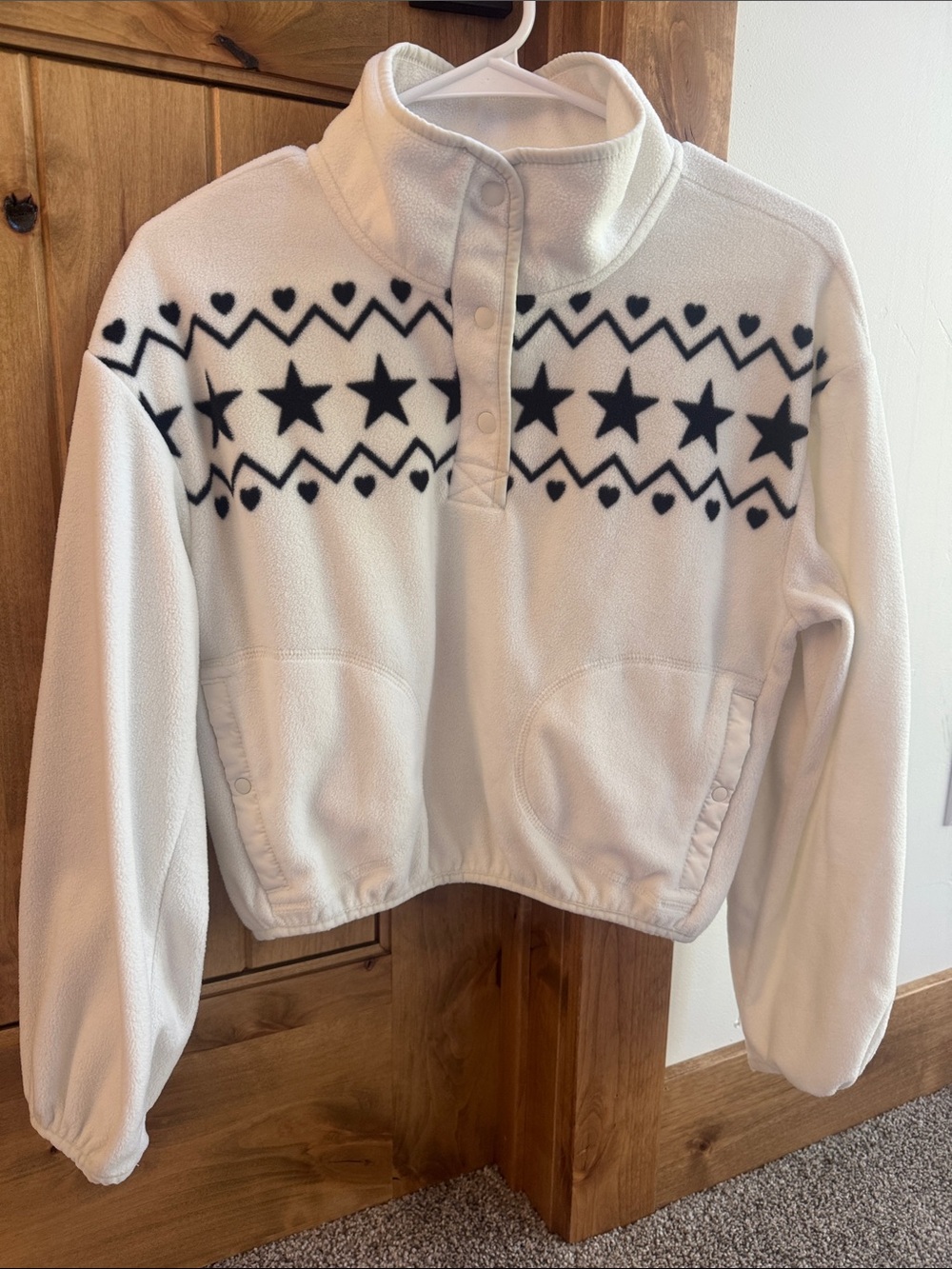 Girls Off White Fleece Pullover with Black Star Pattern